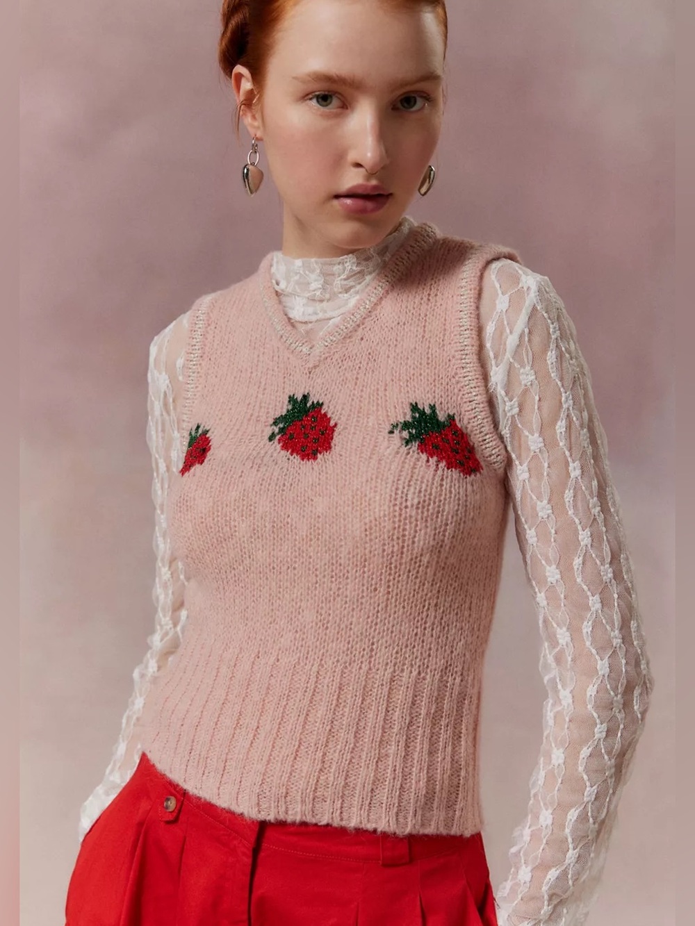 Kimchi Blue Urban Outfitters Pink Strawberry Knit V-Neck Sweater Vest